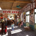 Traditional Style Store Interior With Wooden Shelves Red Lanterns Ceiling Fans and Customers Shopping