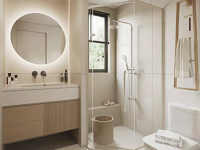 Modern Bathroom Interior With Round Mirror Wooden Vanity Cabinet And Glass Shower Partition 3d model