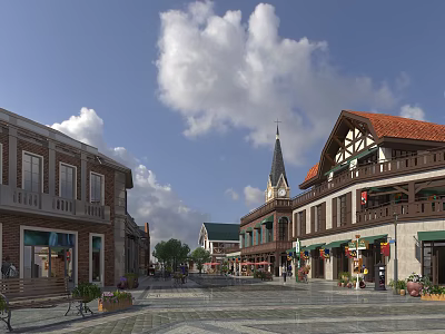European Style Commercial Street With Clock Tower Open Plaza Shops And Greenery 3d model