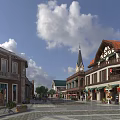 European Style Commercial Street With Clock Tower Open Plaza Shops And Greenery