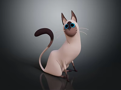 Sitting Siamese Cat With Blue Eyes And Long Dark Tail On Gray Shiny Background 3d model