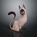 Sitting Siamese Cat With Blue Eyes And Long Dark Tail On Gray Shiny Background