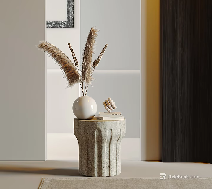 Elegant Stone Side Table With White Vase Pampas Grass And Small Decorative Cube 3d model