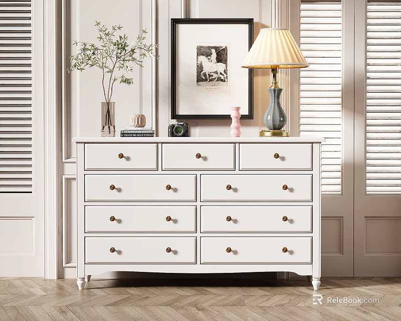 Elegant Modern Entryway Cabinet Sideboard White Wooden with Drawers Table Lamp Decorative Painting and Vase 3d model 