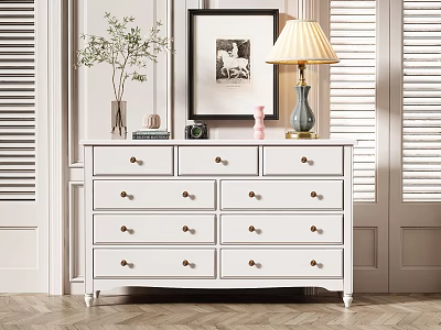 Elegant Modern Entryway Cabinet Sideboard White Wooden with Drawers Table Lamp Decorative Painting and Vase 3d model