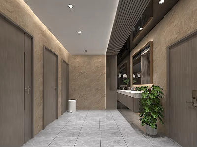 Public Restroom Interior With Wooden Stall Doors Stone Walls Sink Counter Mirrors And Green Plant 3d model