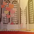 Elegant Banquet Hall With Chandeliers Large Windows Red Carpet Central Table And Heart Decorations