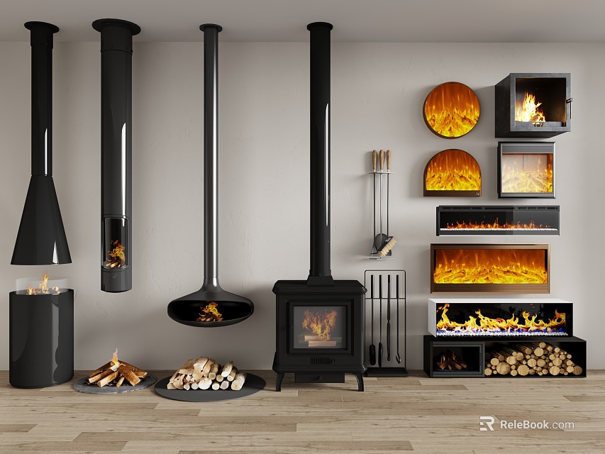 Various Modern Fireplace Types Including Hanging Freestanding Built in with Wood Logs and Flames 3d model 