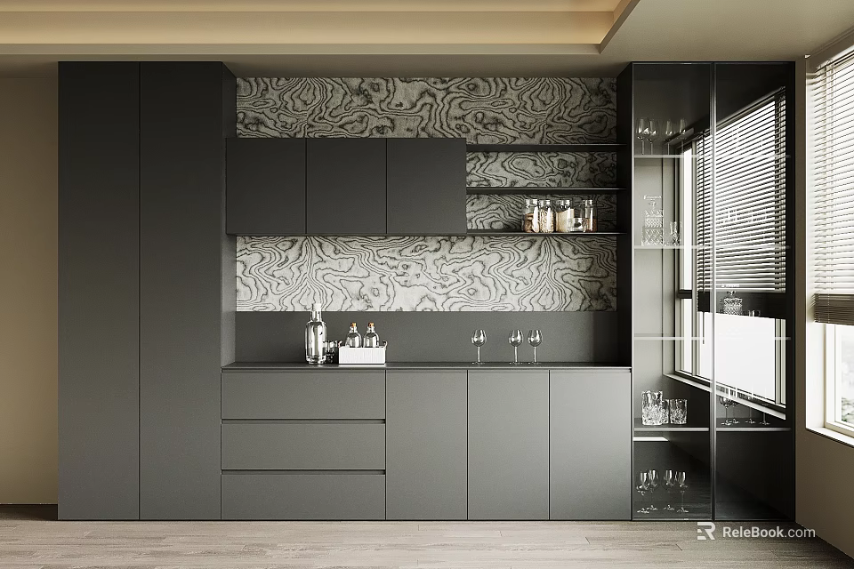 Modern Gray Wine Cabinet Design With Glass Doors Drawers And Patterned Backsplash 3d model