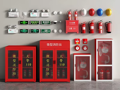 Essential Fire Safety Equipment With Red Extinguishers Hose Cabinets And Emergency Lights 3d model