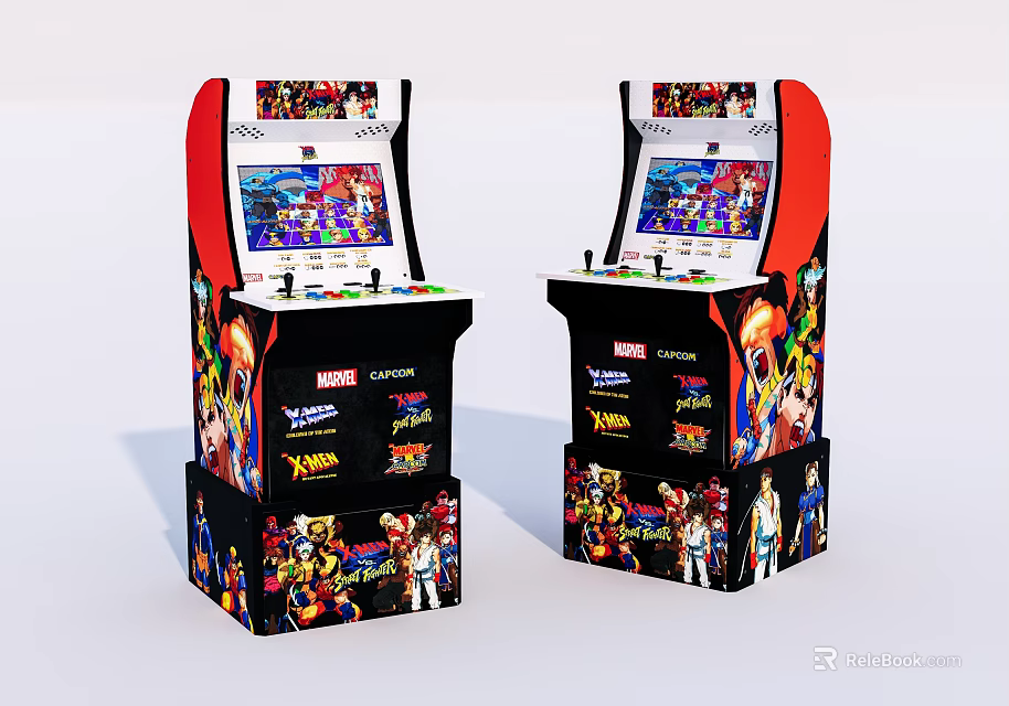 Two Marvel Street Fighter Themed Arcade Game Machines With Colorful Game Display Screens 3d model 