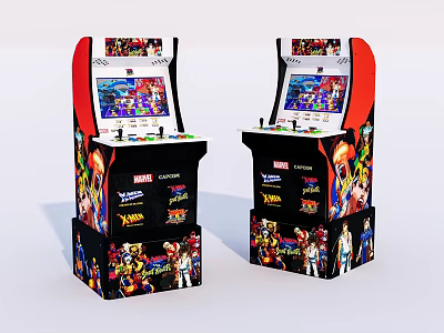 Two Marvel Street Fighter Themed Arcade Game Machines With Colorful Game Display Screens 3d model