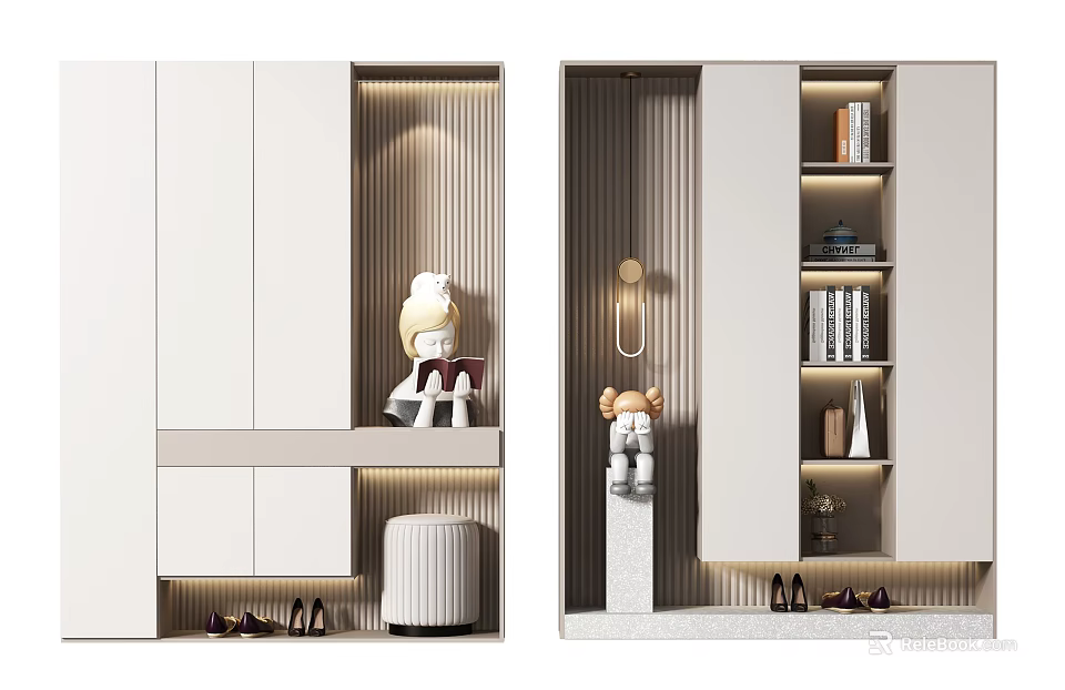 Modern Shoe Cabinet Interior Design With LED Lighting Open Shelves And Decorative Figurines 3d model 