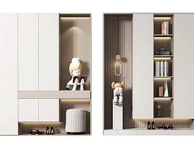 Modern Shoe Cabinet Interior Design With LED Lighting Open Shelves And Decorative Figurines 3d model