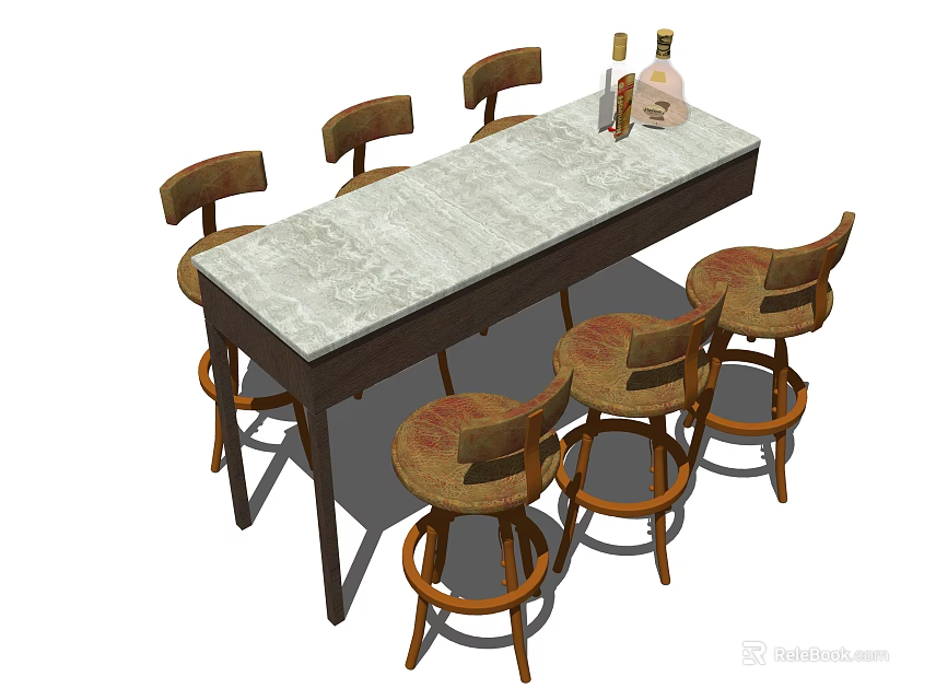 Stylish Bar Counter With Light Marble Top And Patterned Stools With Decorative Bottles 3d model
