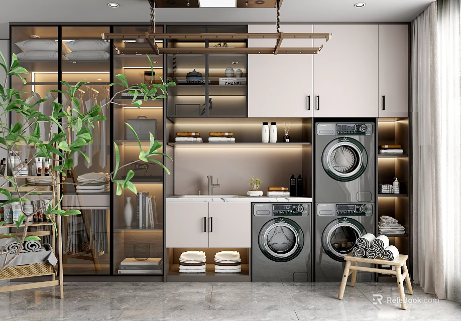 Modern Laundry Room Interior With Washing Machine Dryer Cabinets And Green Plants 3d model 