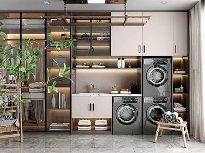Modern Laundry Room Interior With Washing Machine Dryer Cabinets And Green Plants 3d model