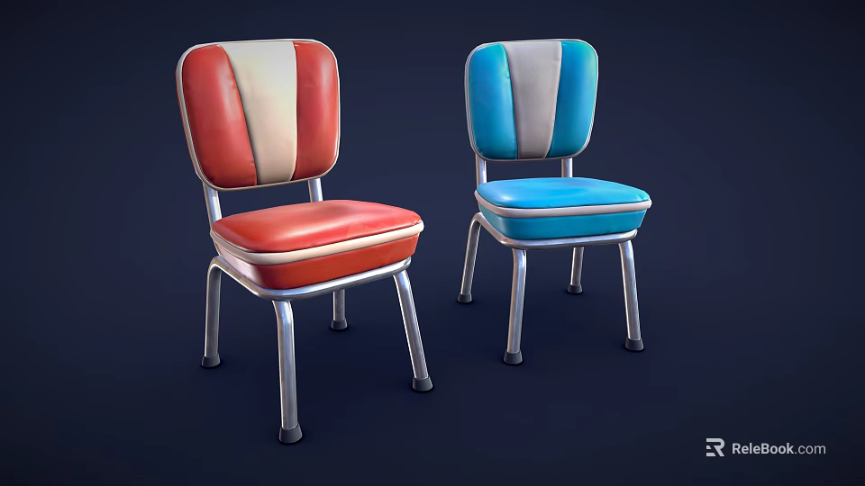 Retro Style Dining Chairs With Red Beige And Blue Gray Striped Seats And Metal Legs 3d model 
