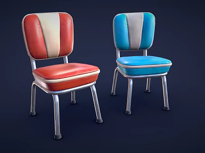 Retro Style Dining Chairs With Red Beige And Blue Gray Striped Seats And Metal Legs 3d model