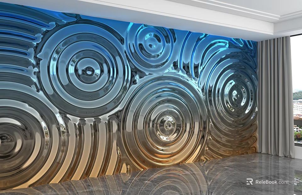 Modern Accent Wall With Blue And Gold Spiral Patterns And Metallic Finish 3d model 