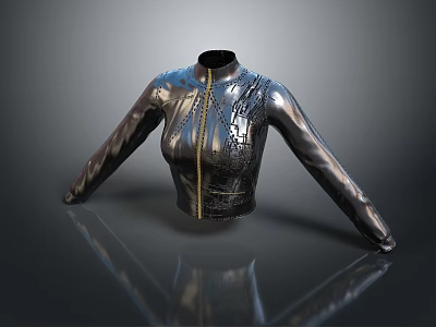 Sleek Black Metallic Jacket With Front Zipper And Shiny Decorative Details 3d model