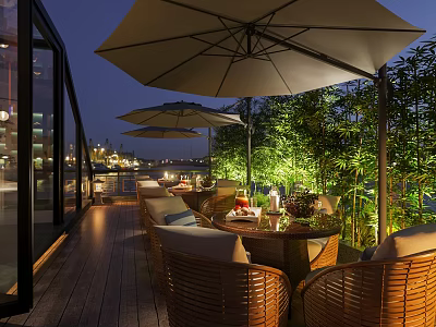 Restaurant Outdoor Terrace With Rattan Furniture Umbrellas Bamboo Plants And Night Harbor Lights 3d model