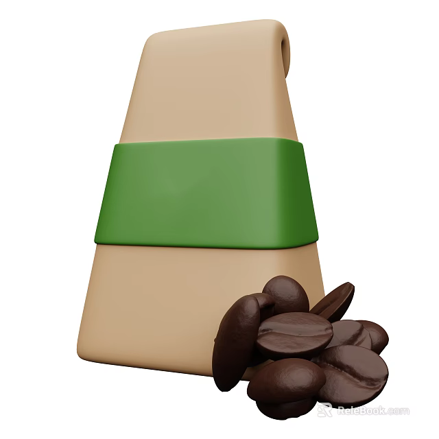 Fresh Coffee Beans Next to Beige Cone With Green Band 3d model 