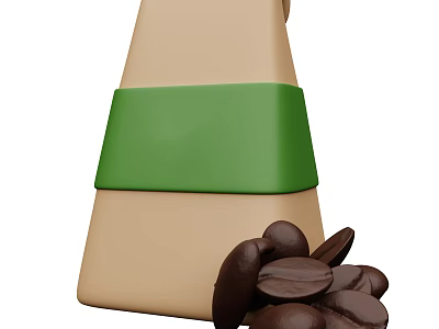 Fresh Coffee Beans Next to Beige Cone With Green Band 3d model