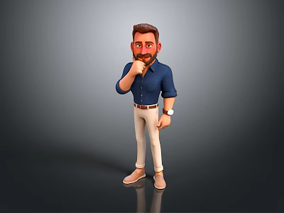 A Man in Blue Shirt White Pants Hand on Chin Thinking Pose against Gray Background 3d model
