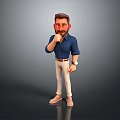 A Man in Blue Shirt White Pants Hand on Chin Thinking Pose against Gray Background