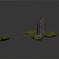 3D Scene Construction Components With Trees Rock Formations And Tower Structure