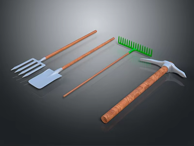 Garden Tools Set With Wooden Handles And Metal Heads Including Fork Shovel Rake Hammer 3d model