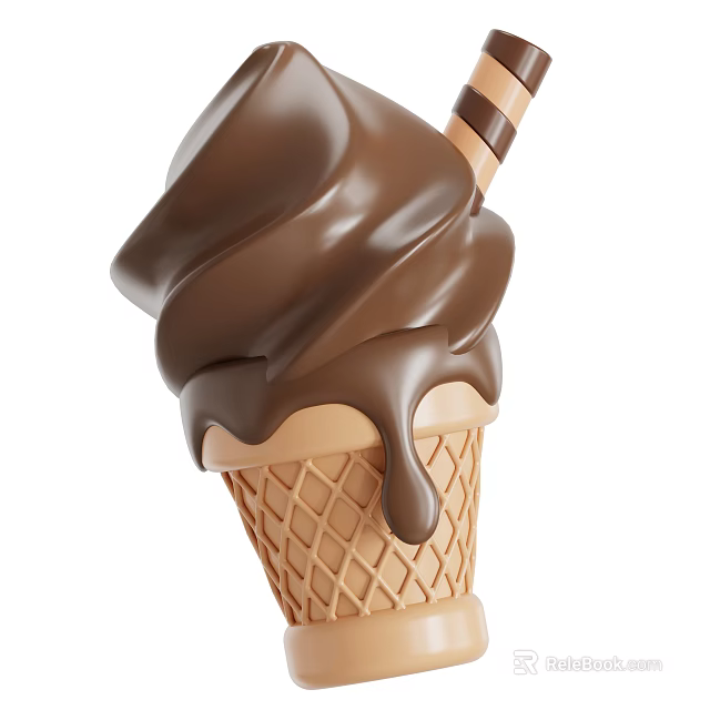 Creamy Chocolate Ice Cream in Waffle Cone with Melting Sauce and Striped Stick 3d model 