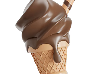Creamy Chocolate Ice Cream in Waffle Cone with Melting Sauce and Striped Stick 3d model