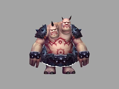 Fierce Two Headed Mythical Game Character With Spiked Armor And Red Tattoos 3d model