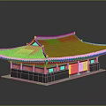 Cartoon Scene Traditional Korean Building With Gray Tiled Roof Red Decorations Blue Windows And Reflection