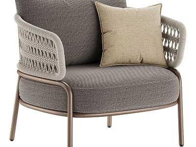 Stylish Outdoor Chair With Gray Cushion Woven Armrests Metal Frame And Beige Pillow 3d model