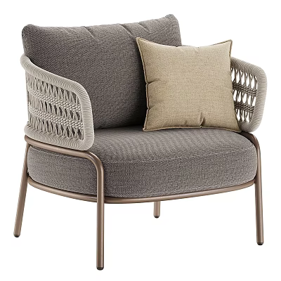 Stylish Outdoor Chair With Gray Cushion Woven Armrests Metal Frame And Beige Pillow 3d model