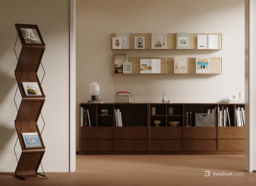 Modern Wooden Storage Shelf Unit With Open Display Shelves And Storage Drawers For Books 3d model 