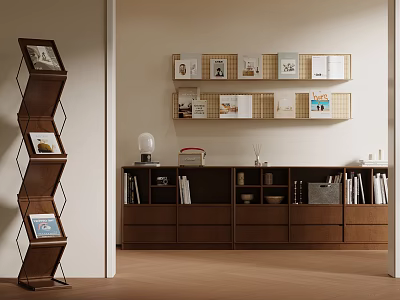 Modern Wooden Storage Shelf Unit With Open Display Shelves And Storage Drawers For Books 3d model