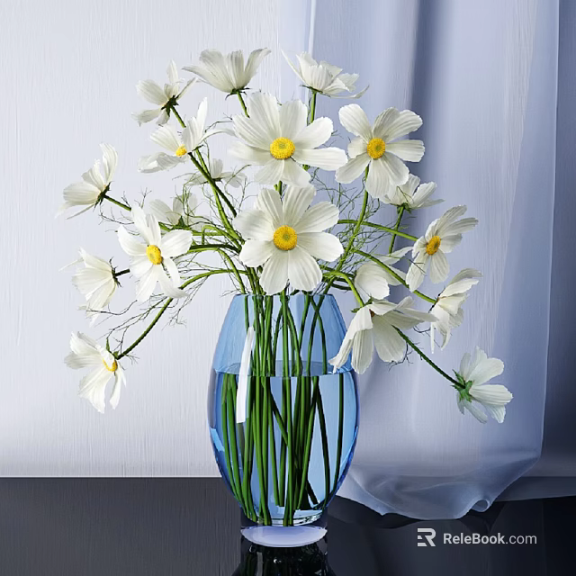 Blue Vase With White Flowers Having Yellow Centers And Green Stems In Water 3d model 
