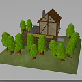 Traditional Wooden House with Orange Roof Surrounded by Green Trees and Small Yard