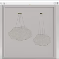 Two Cloud Shaped Metal Mesh Chandeliers With Thin Hanging Cables On Light Wall 3d model
