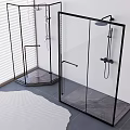 Modern Shower Head With Overhead And Handheld Sprayers And Black Frame Glass Partition