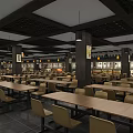 Traditional Chinese Restaurant Interior With Wooden Tables Chairs Pendant Lights And Decorative Paintings