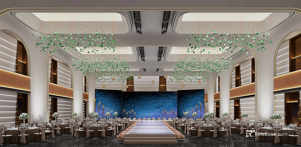 Luxurious Banquet Hall With Runway Dining Tables Green Hanging Decorations And Blue Gold Backdrop 3d model 