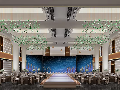 Luxurious Banquet Hall With Runway Dining Tables Green Hanging Decorations And Blue Gold Backdrop 3d model
