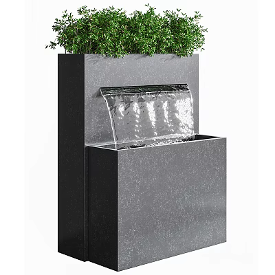 Modern Garden Accent Featuring Black Water Fountain Structure With Green Plants And Flowing Water 3d model