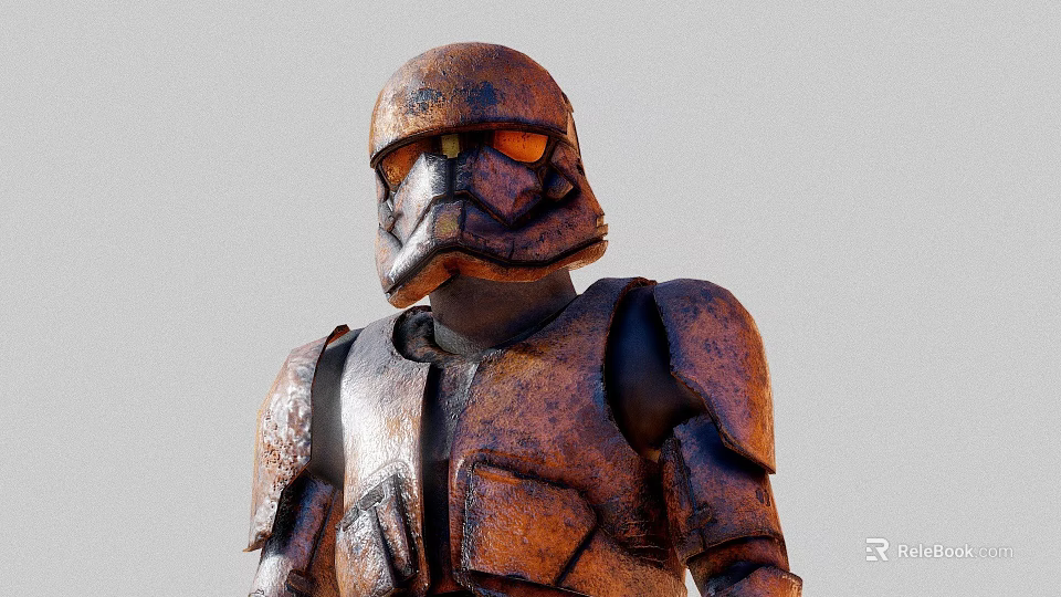 Man wearing rusted metallic armor with helmet and orange glowing eyes 3d model 