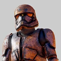 Man wearing rusted metallic armor with helmet and orange glowing eyes